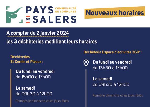 Déchèteries du Pays de Salers - Nouveaux horaires
